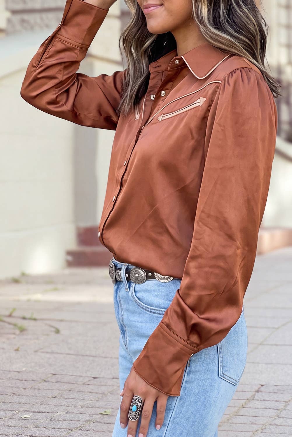Silky Long Sleeve Button Front Western Fashion Shirt
