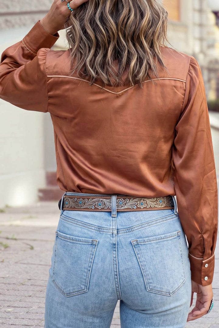 Silky Long Sleeve Button Front Western Fashion Shirt