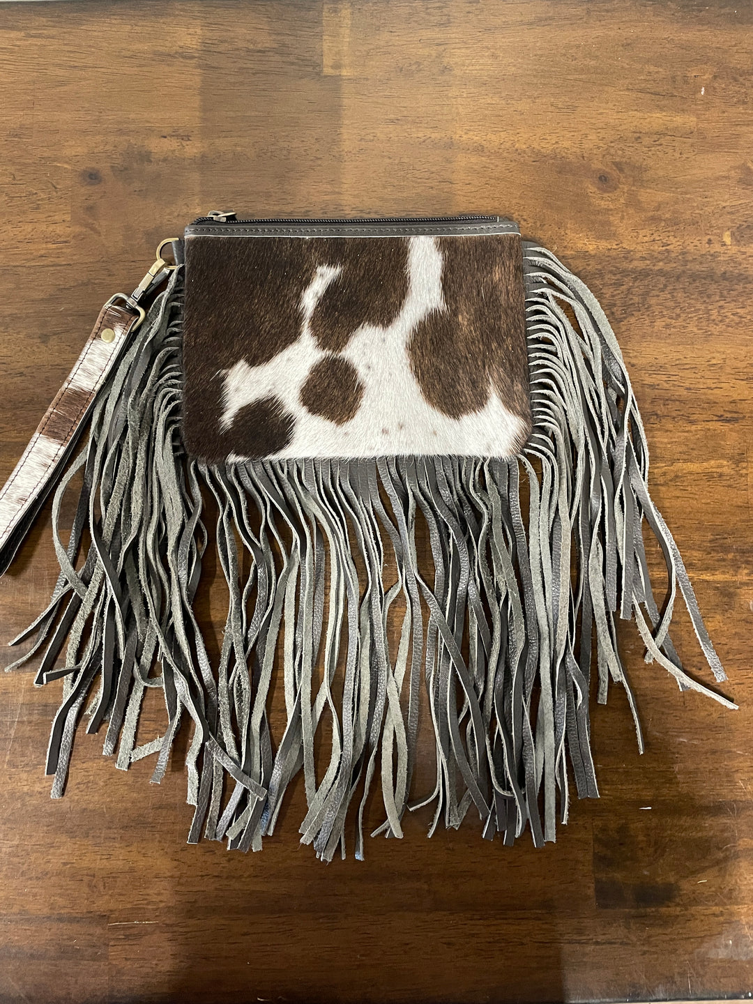 Cowhide Fringe Pouch w/ Wristlet- Brown/White