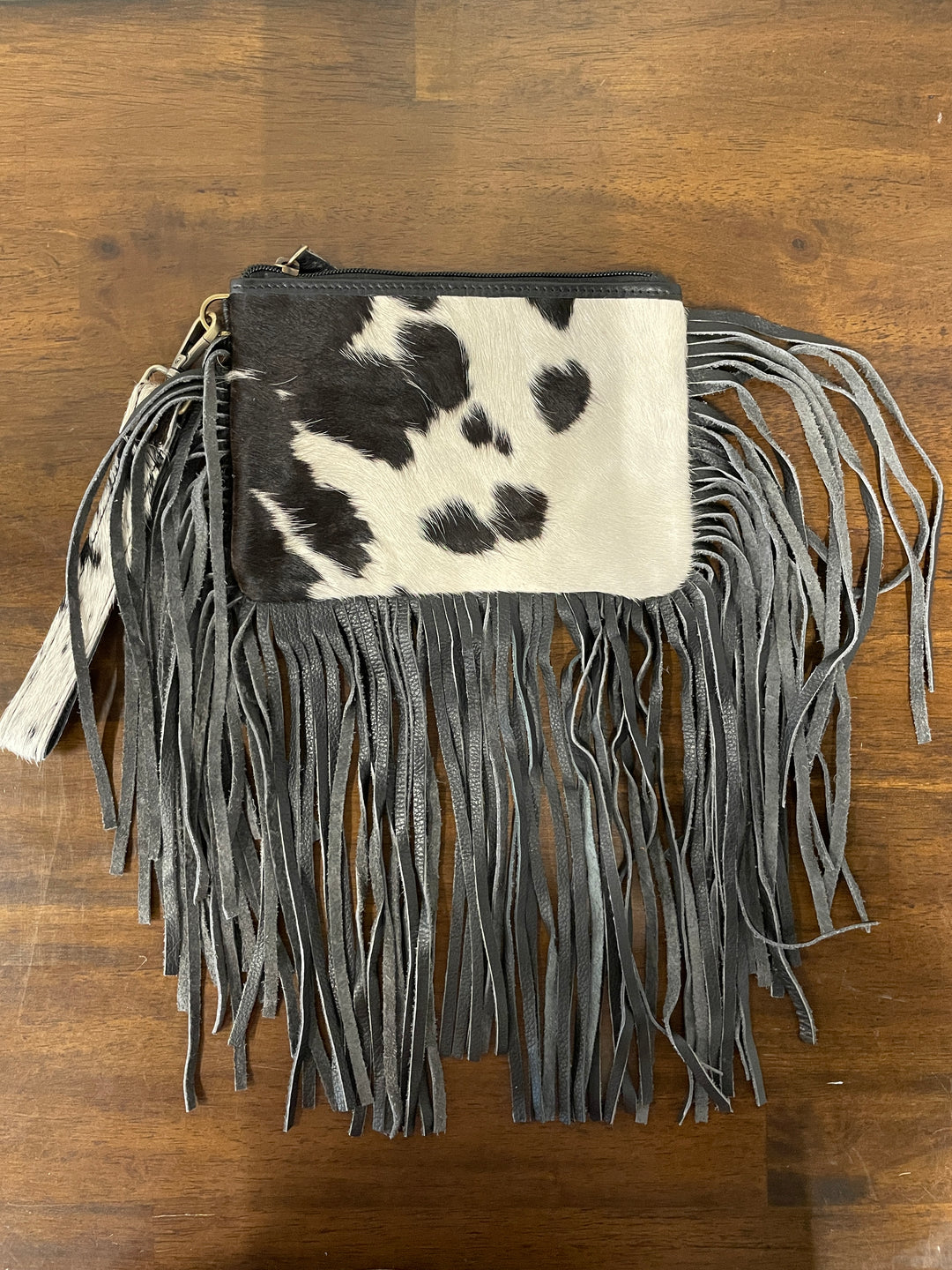 Cowhide Fringe Pouch w/ Wristlet- Black/White