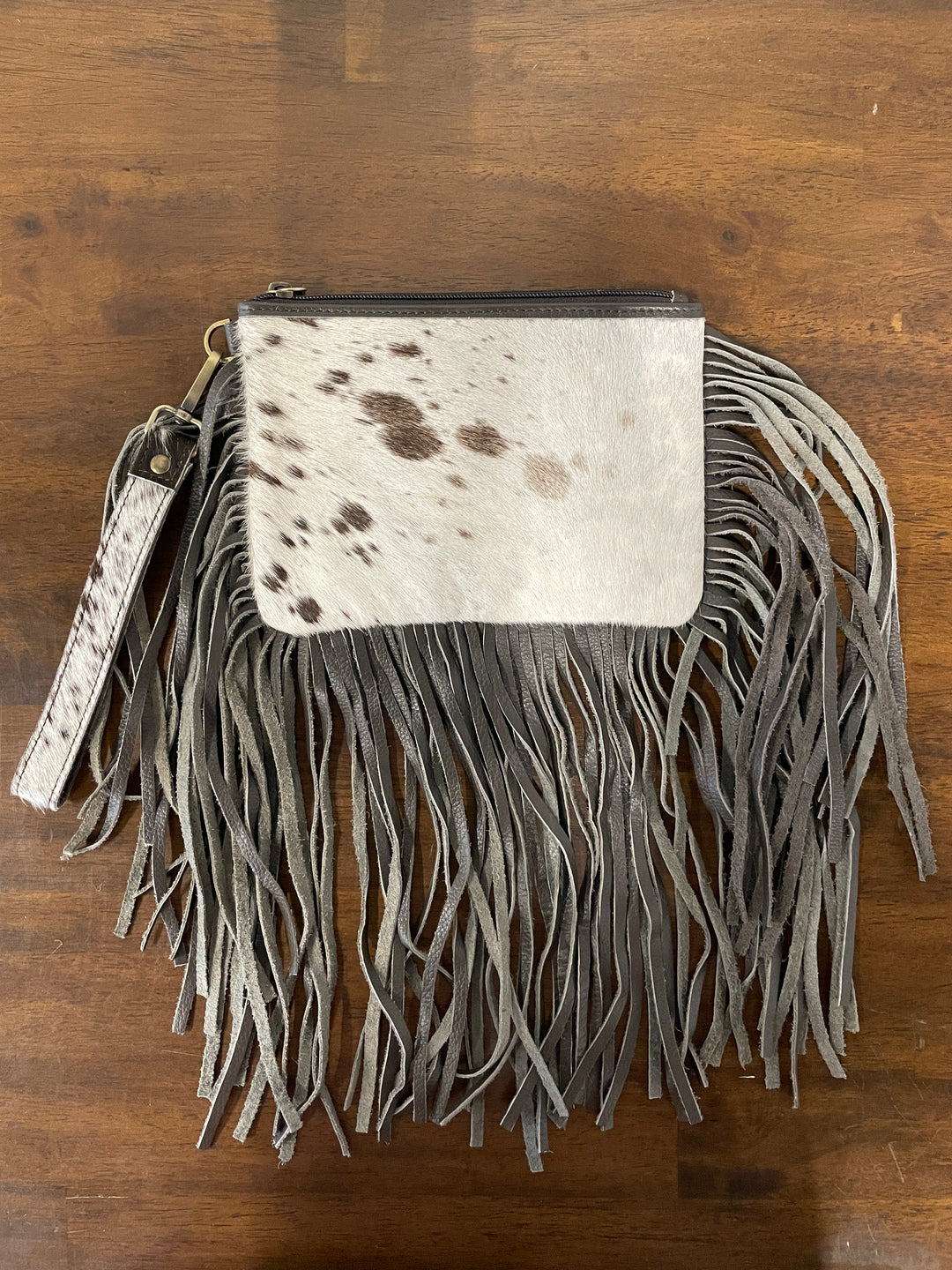 Cowhide Fringe Pouch w/ Wristlet- Brown/Roan