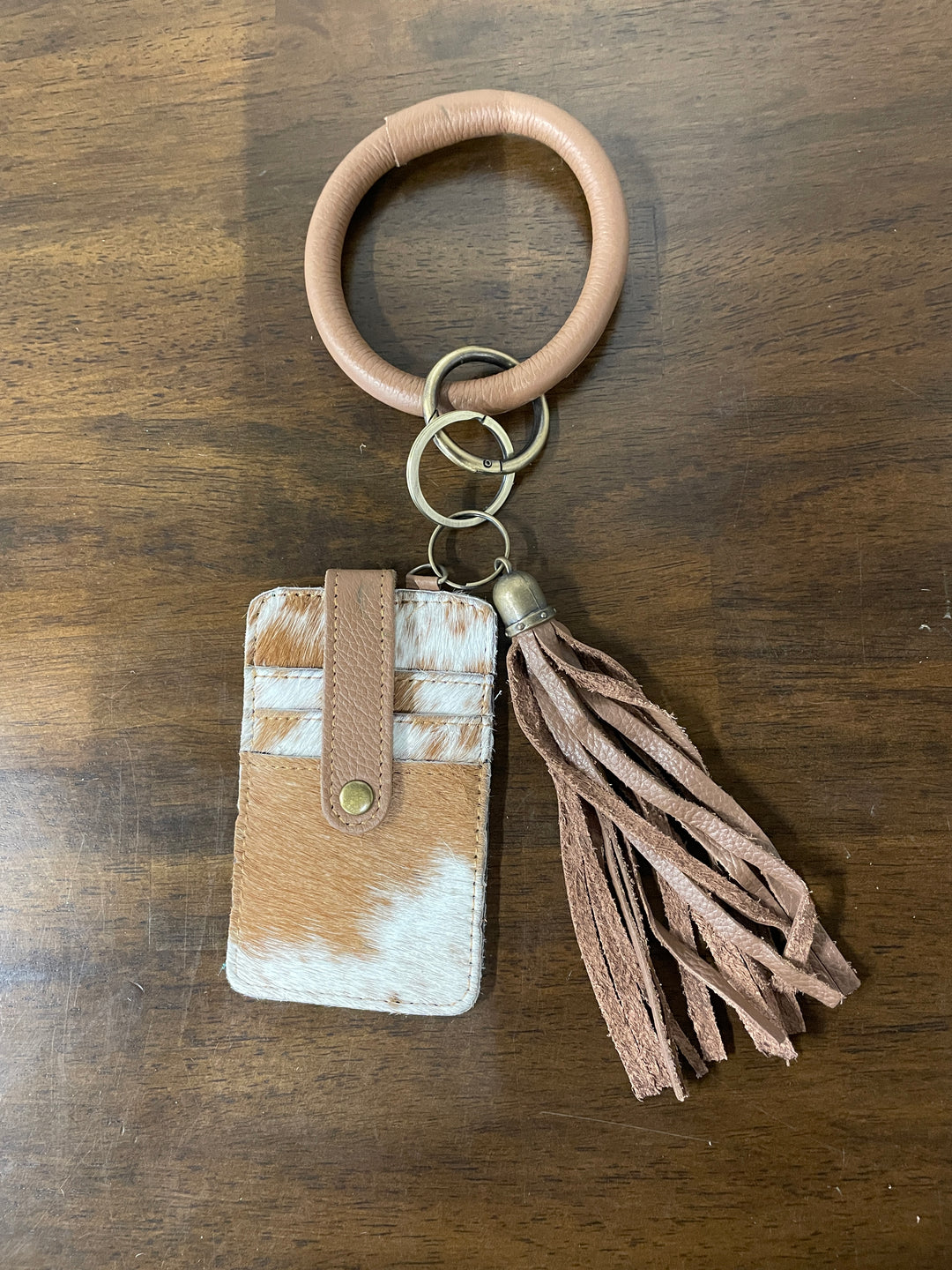 Cowhide Wristlet Wallet- Light Brown/White