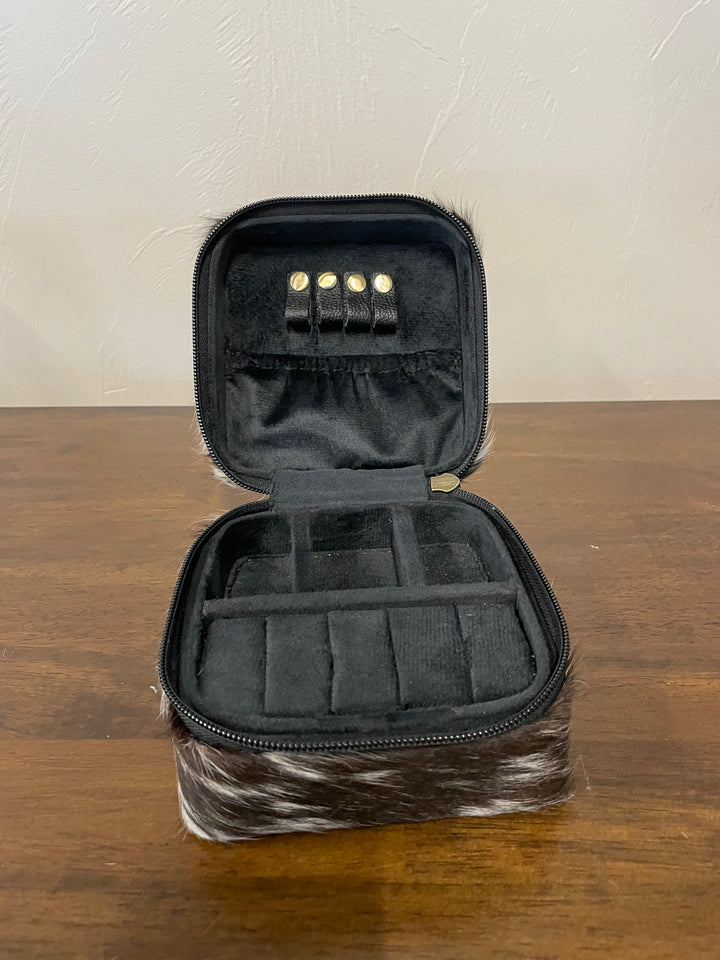 cowhide jewelry box- dark brown and white