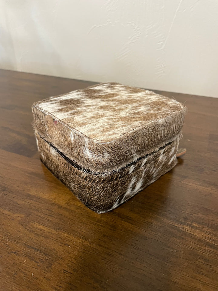 cowhide jewelry box- tan, brown and white