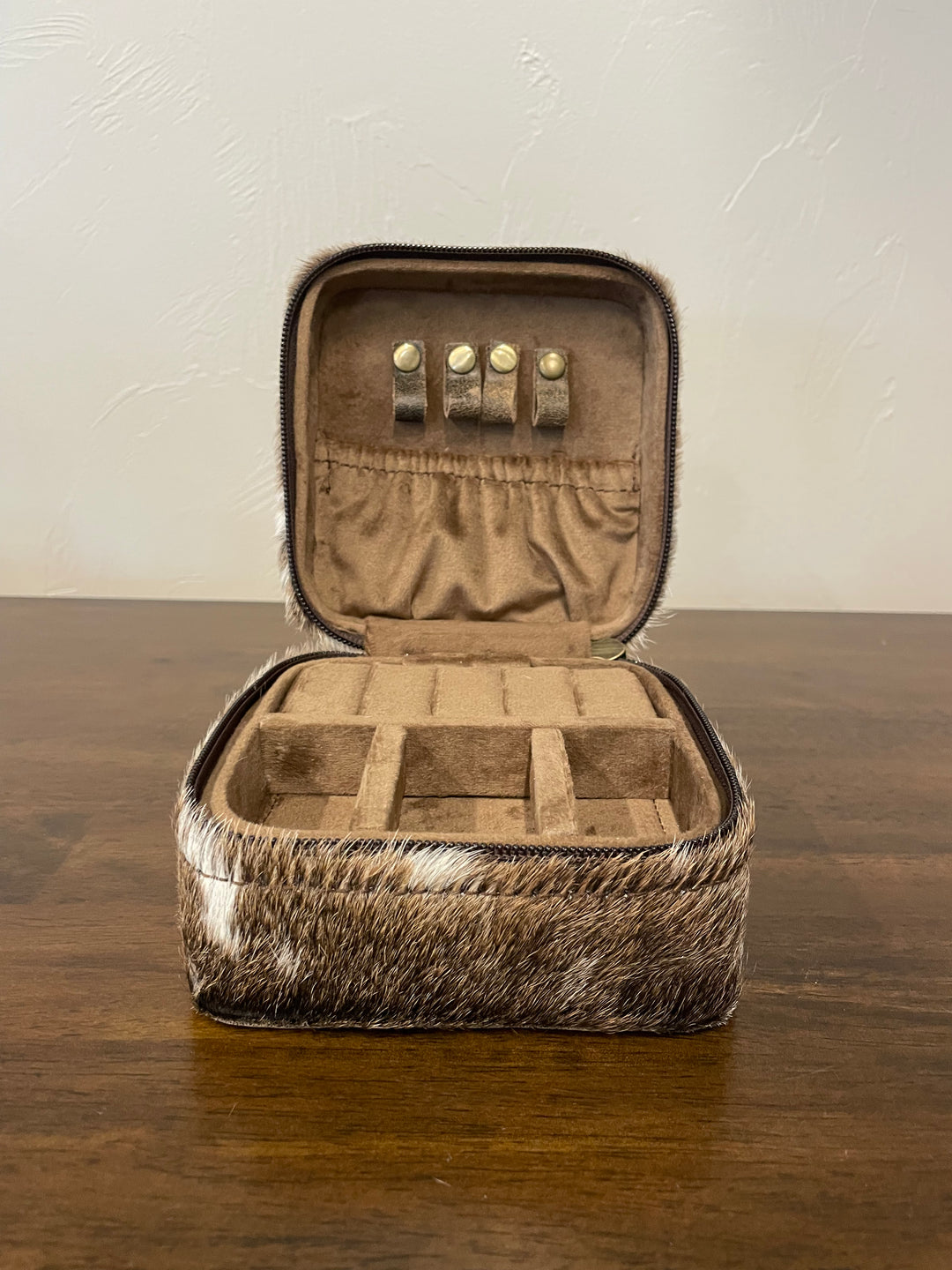 cowhide jewelry box- tan, brown and white