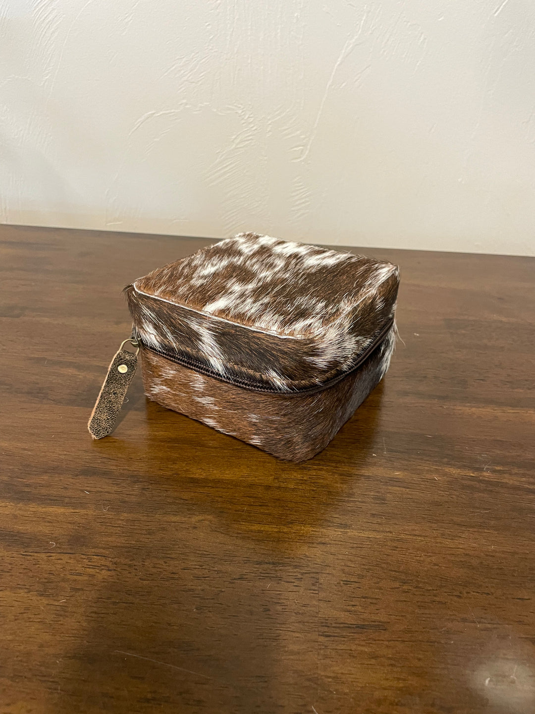 cowhide jewelry box- dark brown, black and white
