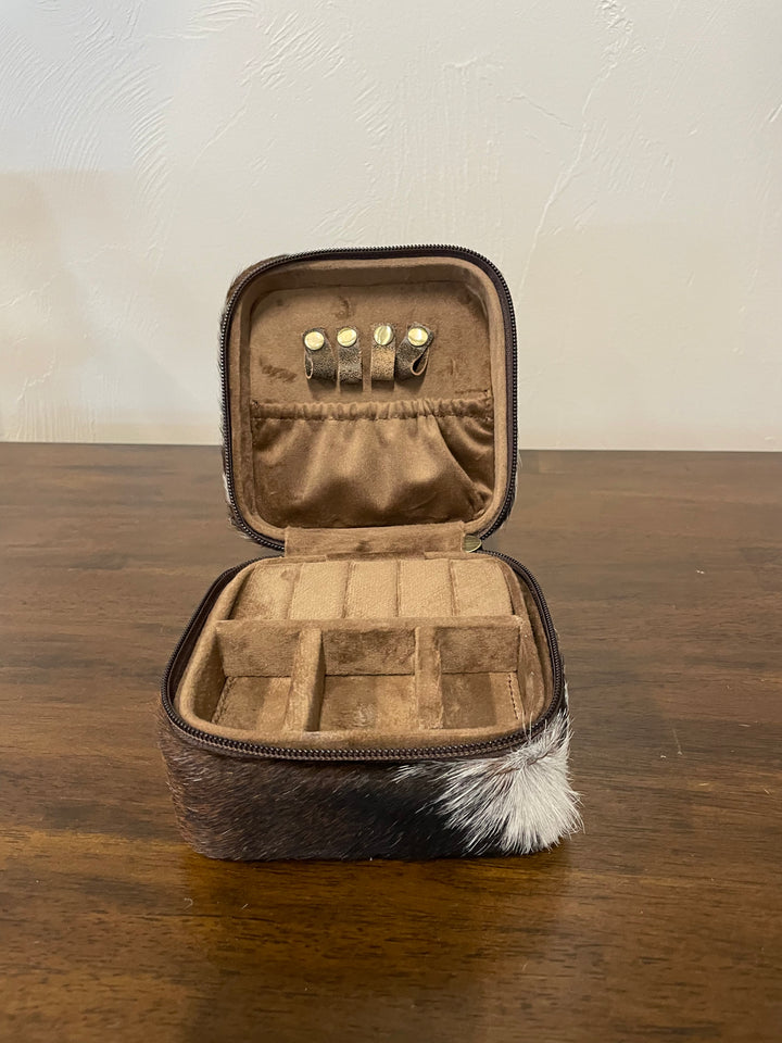 cowhide jewelry box- dark brown, black and white