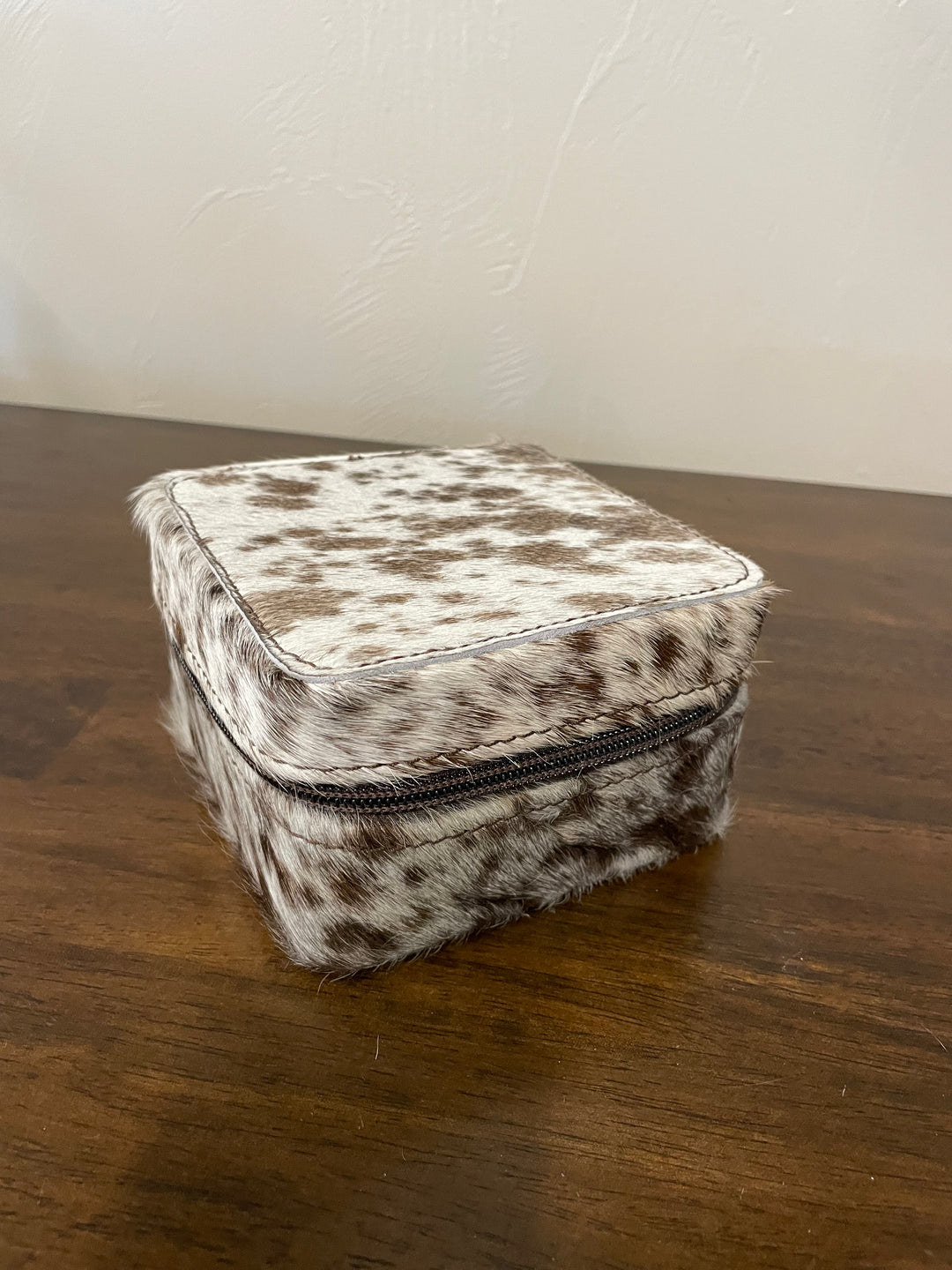 cowhide jewelry box- white with brown spots