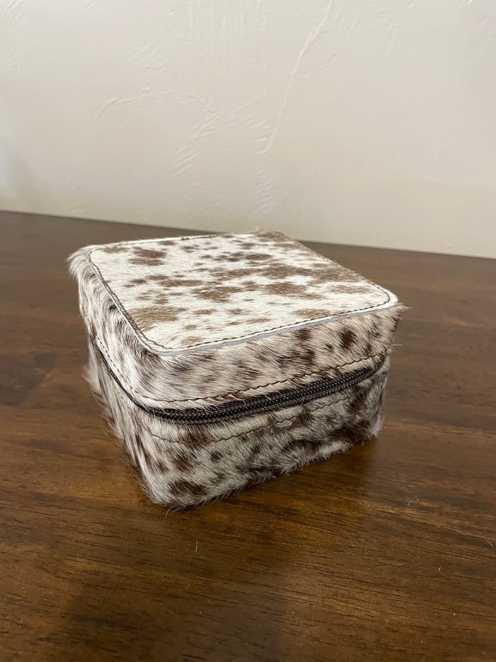 cowhide jewelry box- white with brown spots