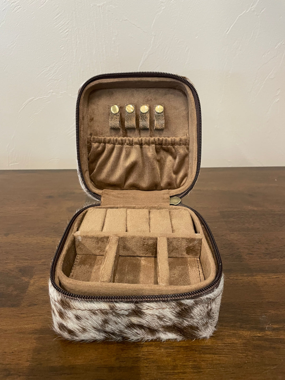 cowhide jewelry box- white with brown spots