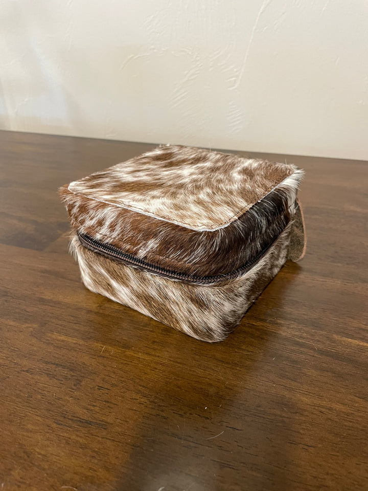 cowhide jewelry box- brown, black and white