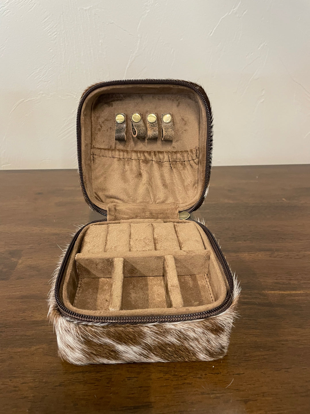 cowhide jewelry box- brown, black and white