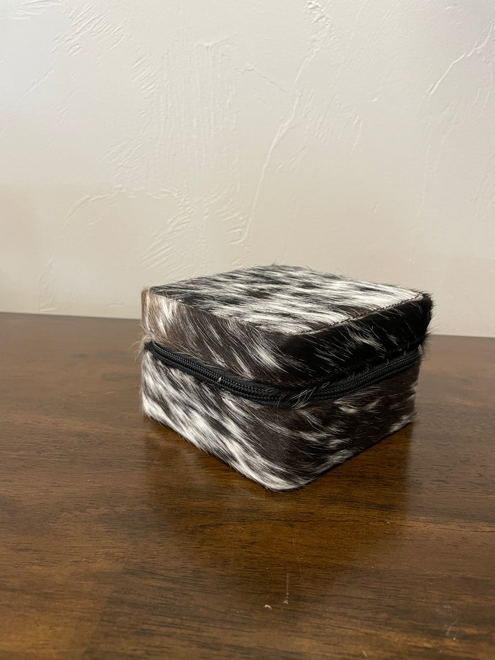 cowhide jewelry box- dark brown and white