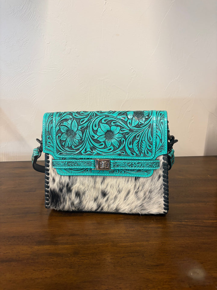 cowhide tooled crossbody- black and turquoise
