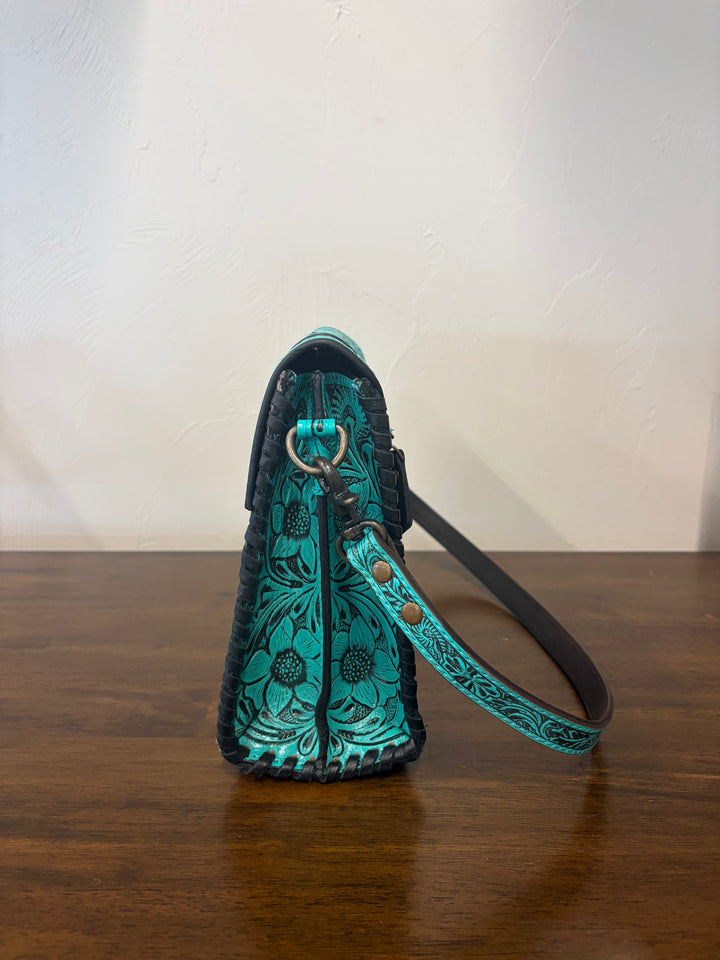 cowhide tooled crossbody- black and turquoise