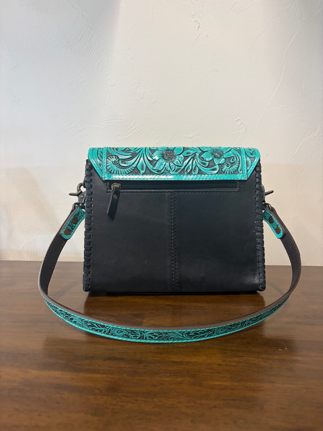 cowhide tooled crossbody- black and turquoise