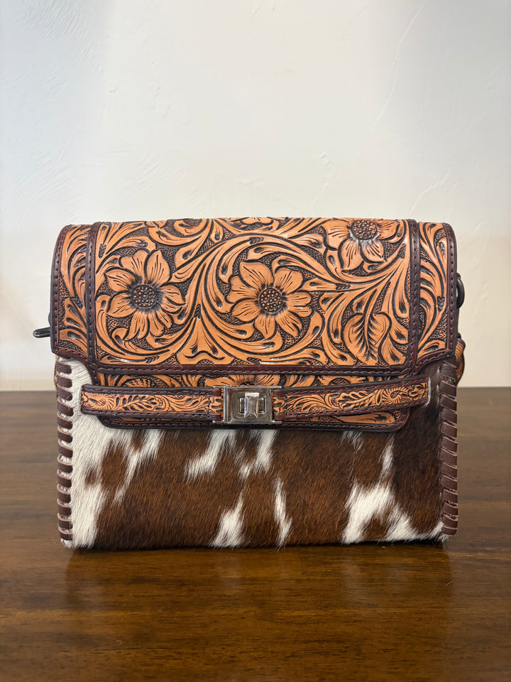 cowhide tooled crossbody-leather tooled