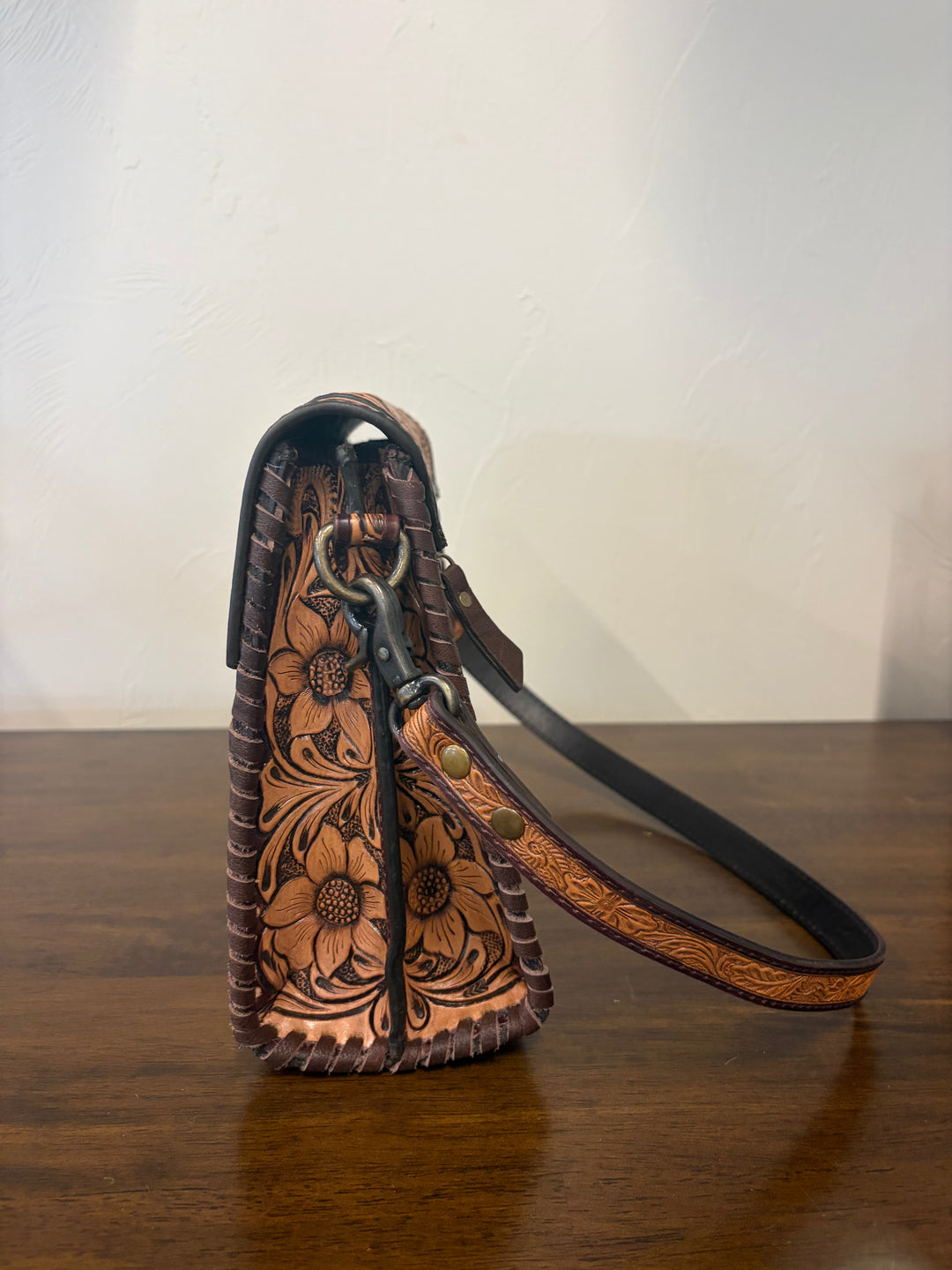 cowhide tooled crossbody-leather tooled