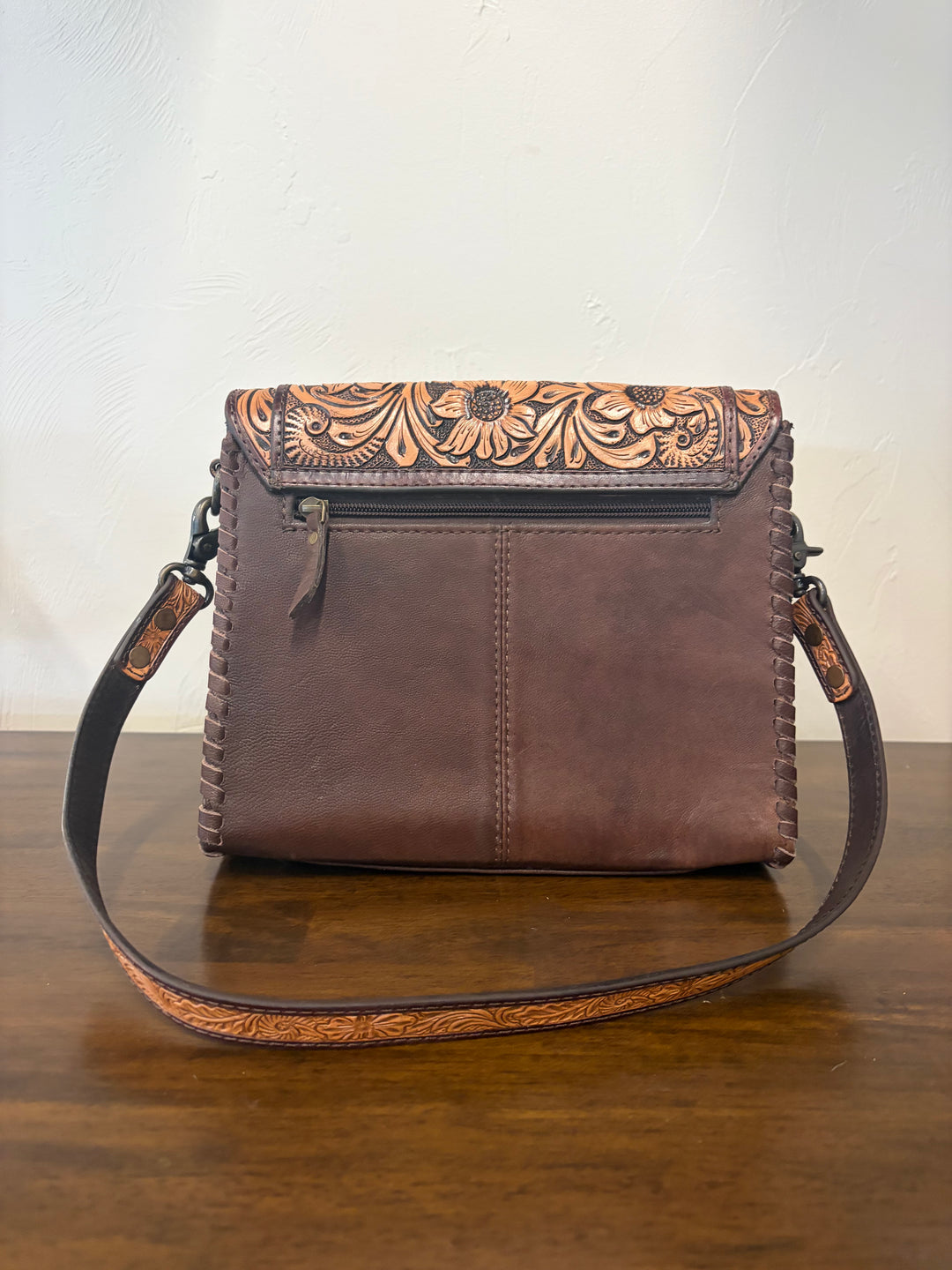 cowhide tooled crossbody-leather tooled