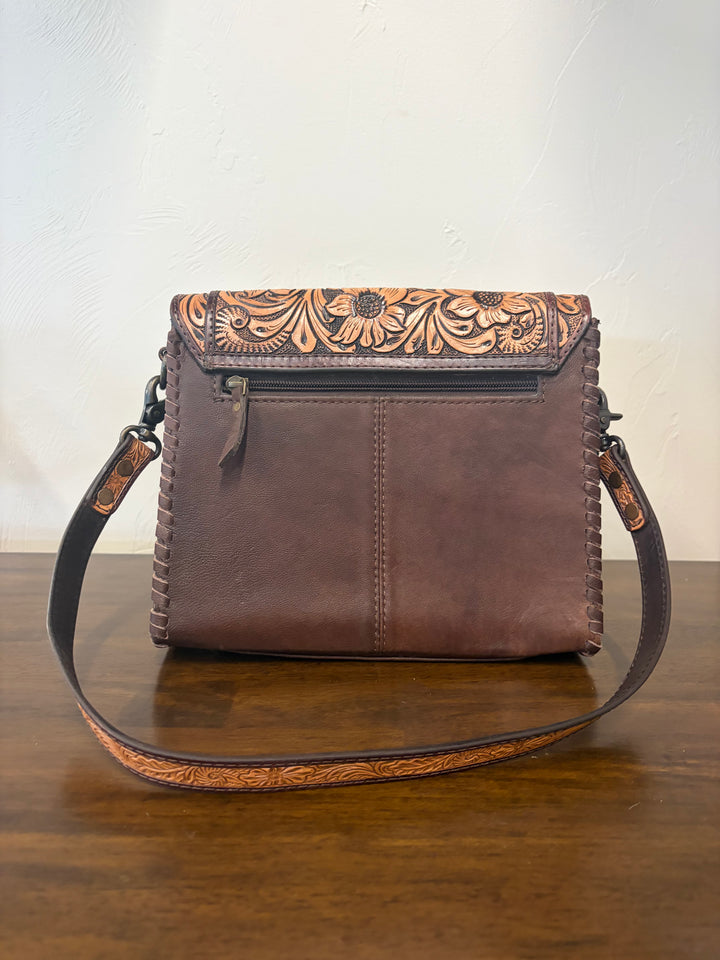 cowhide tooled crossbody-leather tooled