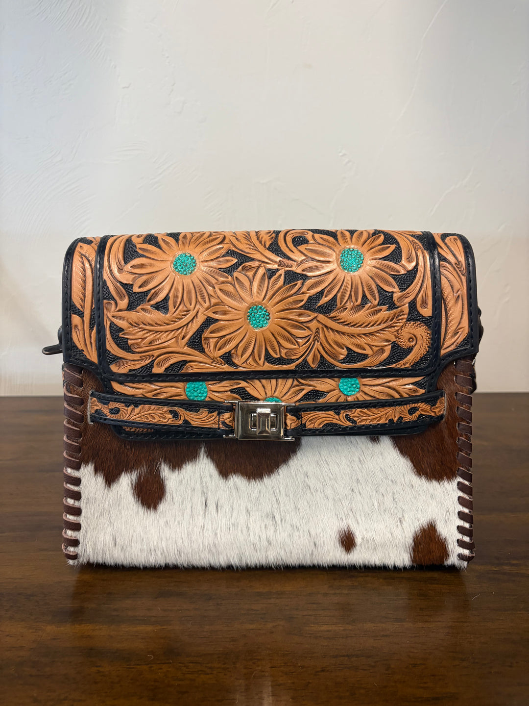 cowhide tooled crossbody-leather w/ turquoise flowers