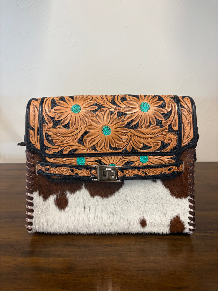 cowhide tooled crossbody-leather w/ turquoise flowers