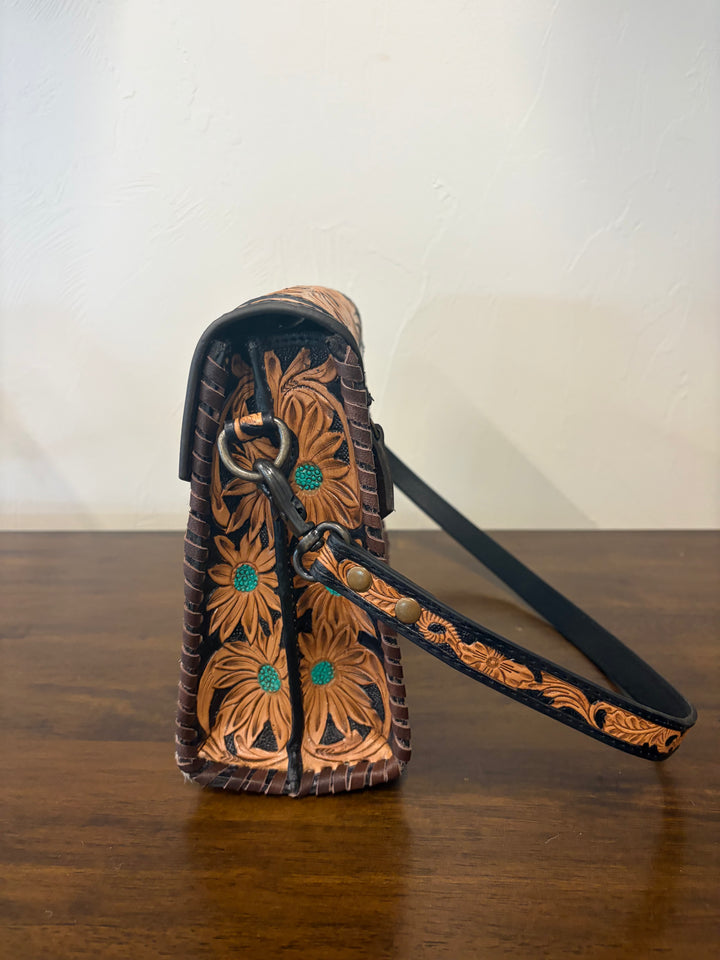 cowhide tooled crossbody-leather w/ turquoise flowers
