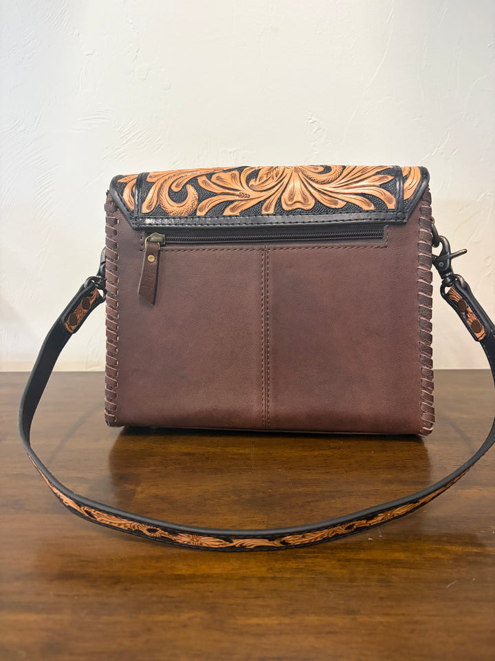 cowhide tooled crossbody-leather w/ turquoise flowers