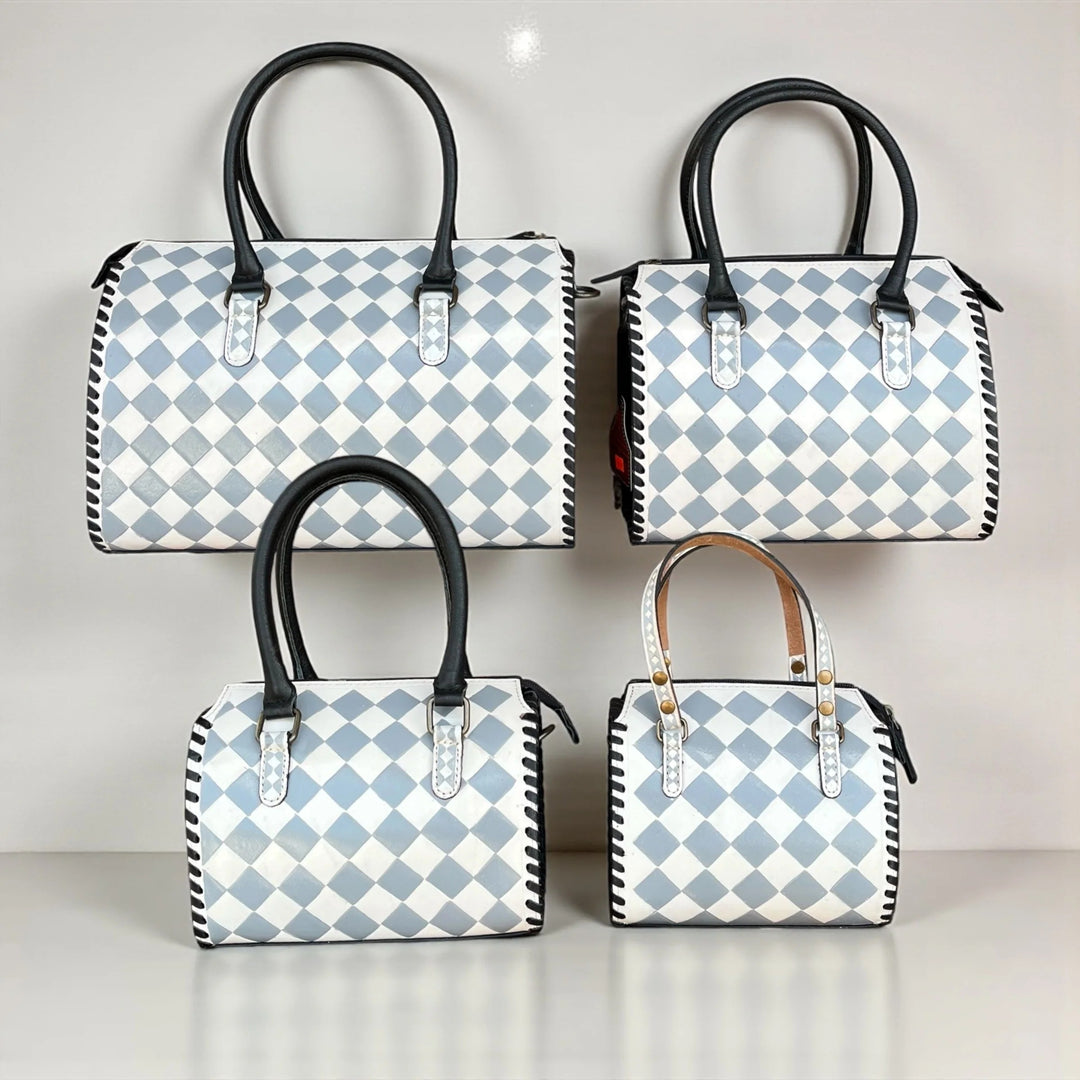 Gray checker tooled leather speedy bag- Multiple Sizes