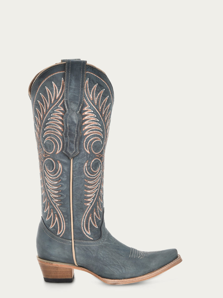 L6120 - Women's Embroidery Distressed Blue Snip Toe Cowboy Boot