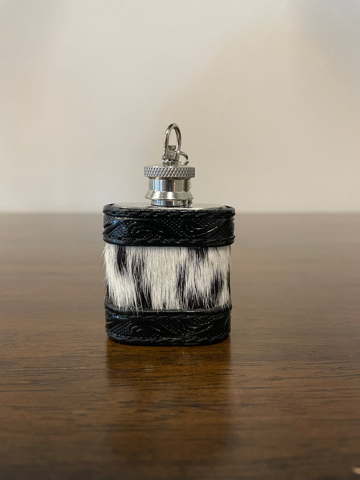 1 oz Mini Flask Key Chain - Cowhide Black/White