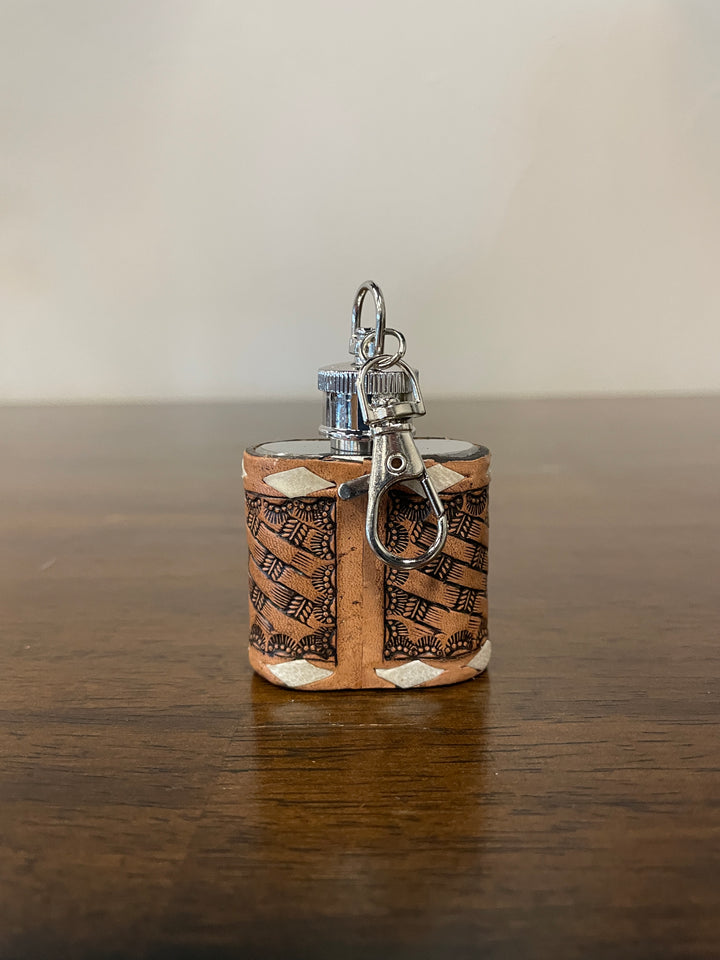 1 oz Mini Flask Key Chain Basket Weave Tooled Leather
