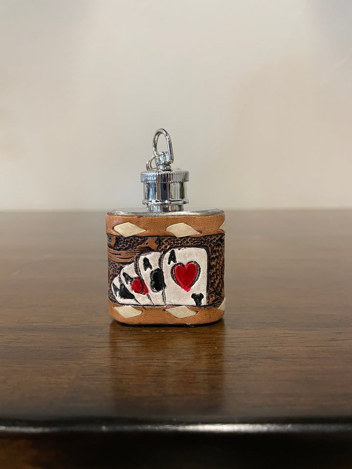 1 oz Mini Flask Key Chain 4 Aces Tooled Leather