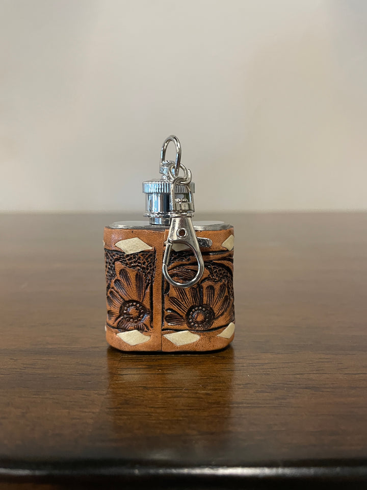 1 oz Mini Flask Key Chain 4 Aces Tooled Leather