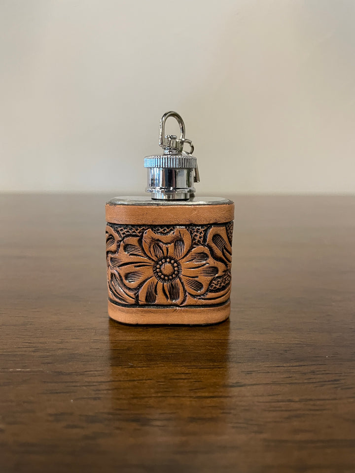 1 oz Mini Flask Key Chain Floral Tooled Leather