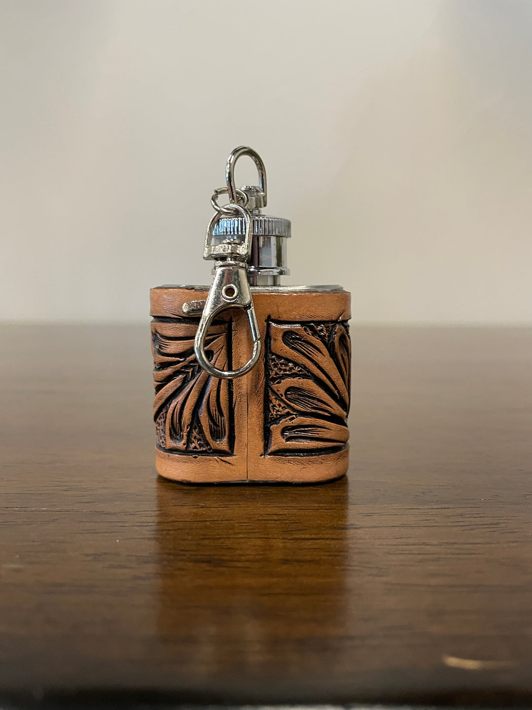 1 oz Mini Flask Key Chain Floral Tooled Leather