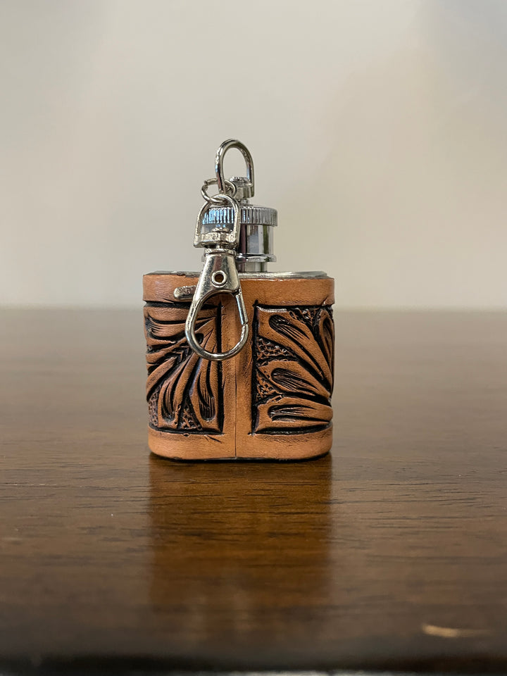 1 oz Mini Flask Key Chain Floral Tooled Leather