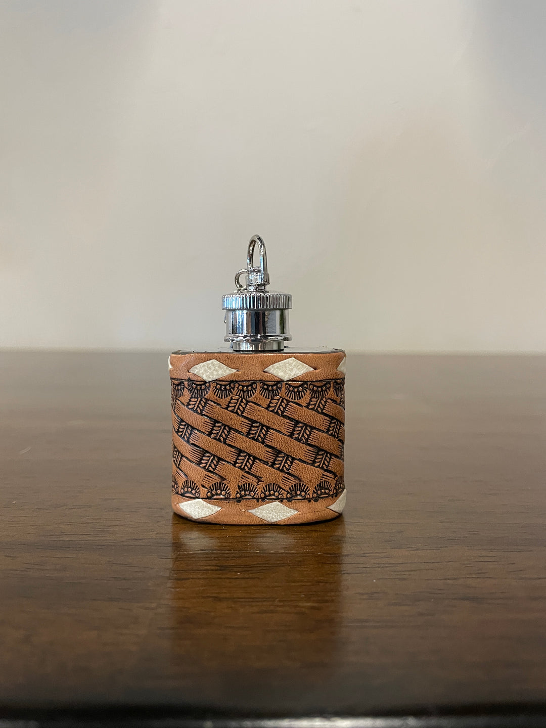 1 oz Mini Flask Key Chain Basket Weave Tooled Leather