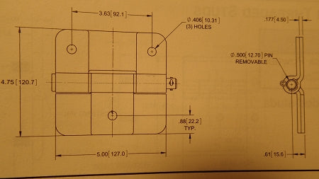 Aluminum Butt Hinge, 5" X  5" with 1/2" Diameter Pin, Bolt-on or Weld-on