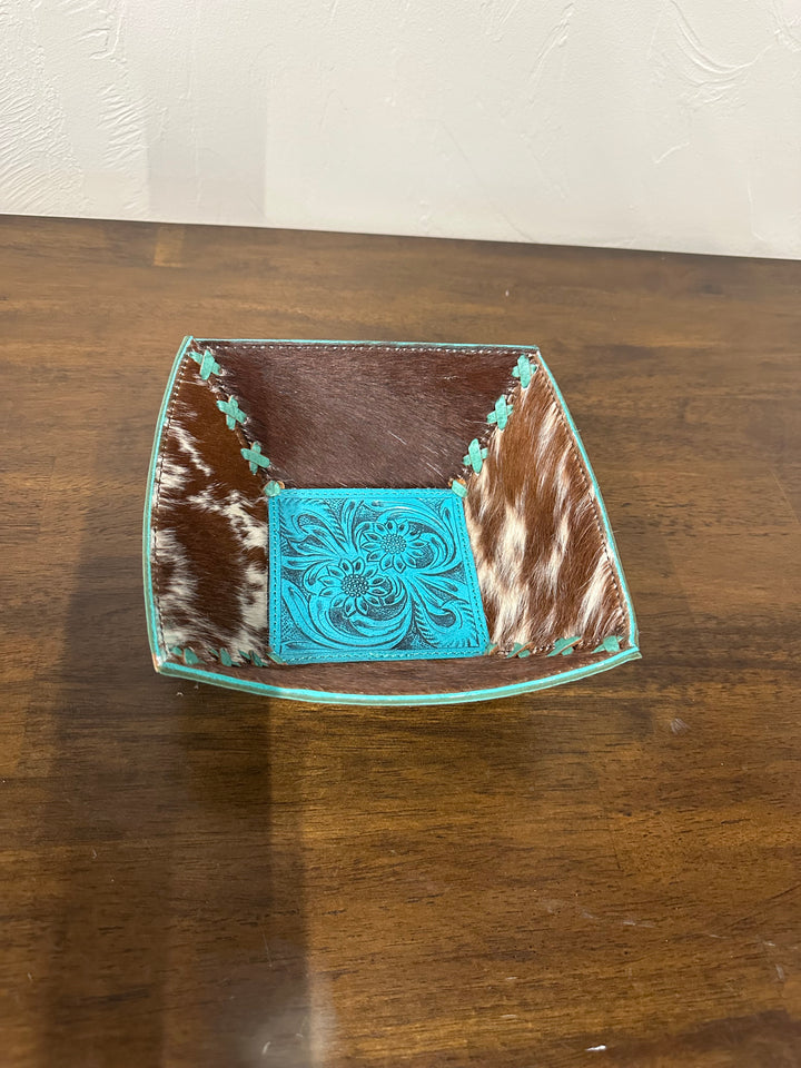 Small Cowhide Bowl- Brown/ Turquoise