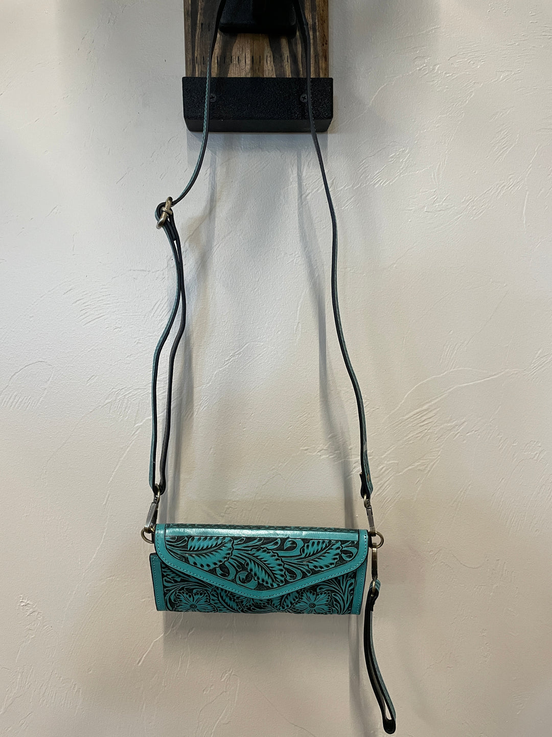 Women's Wallet with Strap- Turquoise Tooled Leather