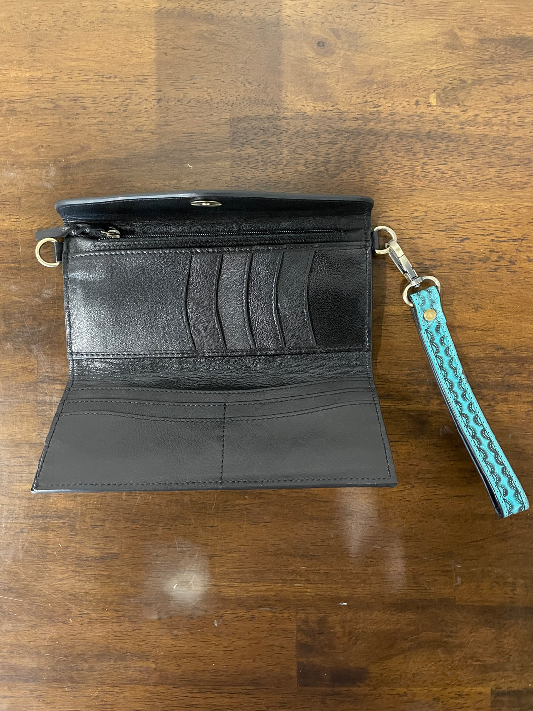 Women's Wallet with Strap- Turquoise Tooled Leather