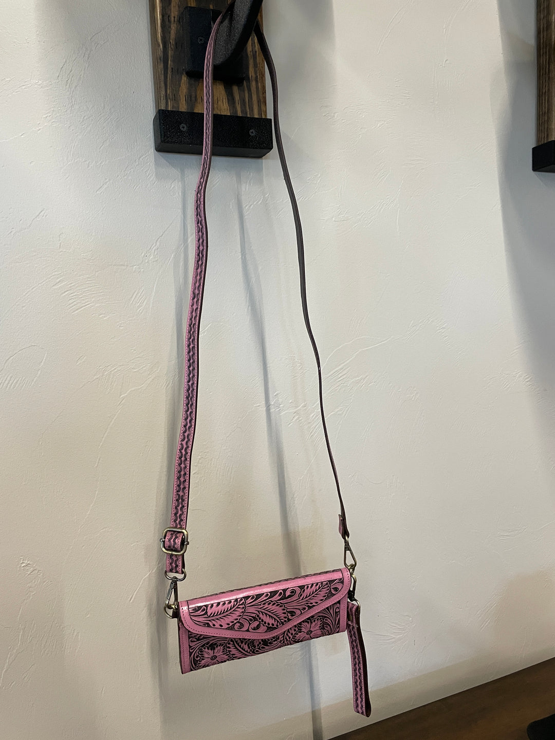 Women's Wallet with Strap- Pink Tooled Leather