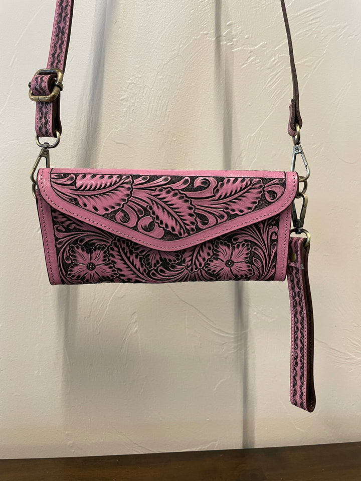 Women's Wallet with Strap- Pink Tooled Leather