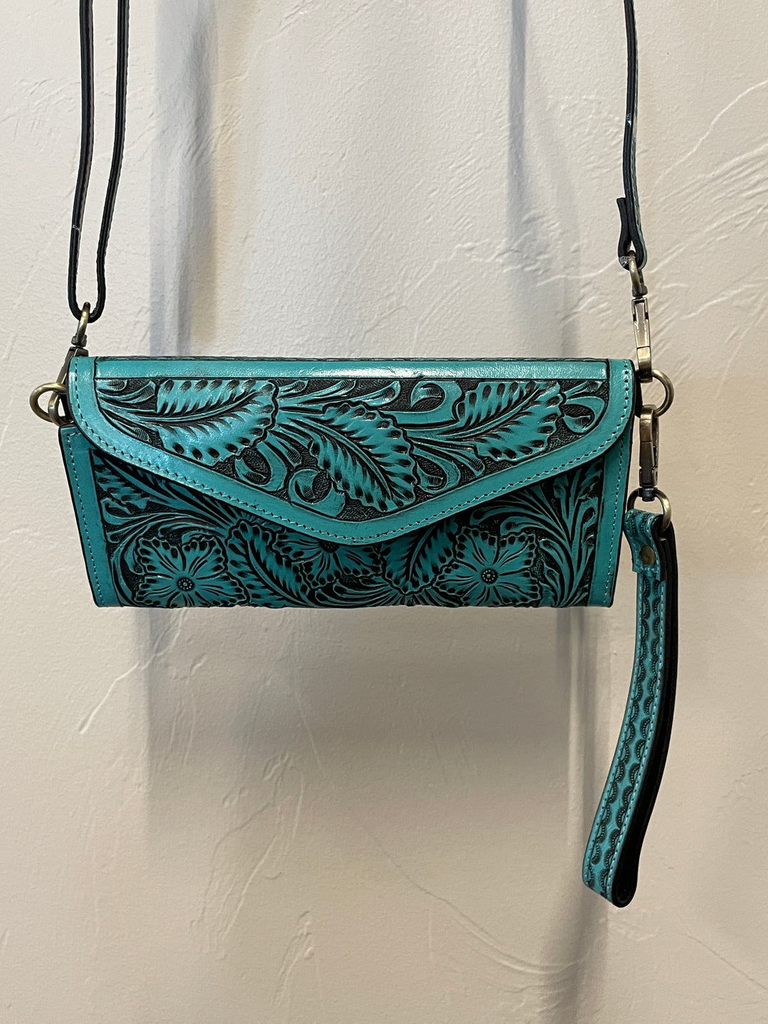 Women's Wallet with Strap- Turquoise Tooled Leather