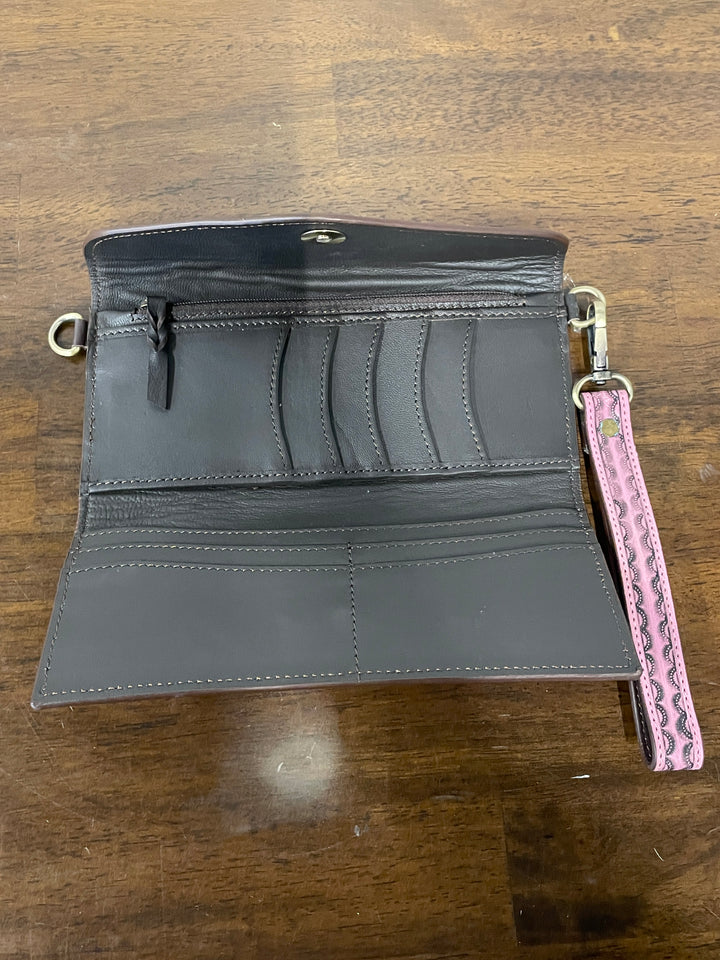Women's Wallet with Strap- Pink Tooled Leather