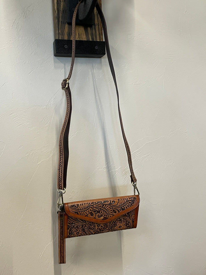 Women's Wallet with Strap- Tooled Leather
