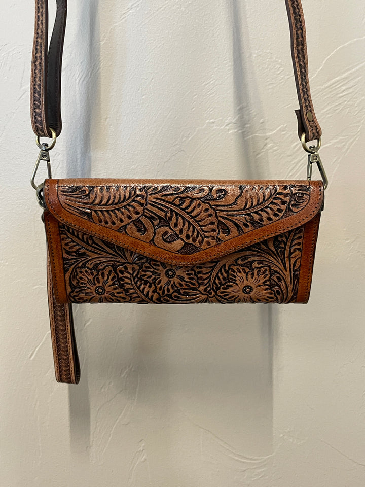 Women's Wallet with Strap- Tooled Leather