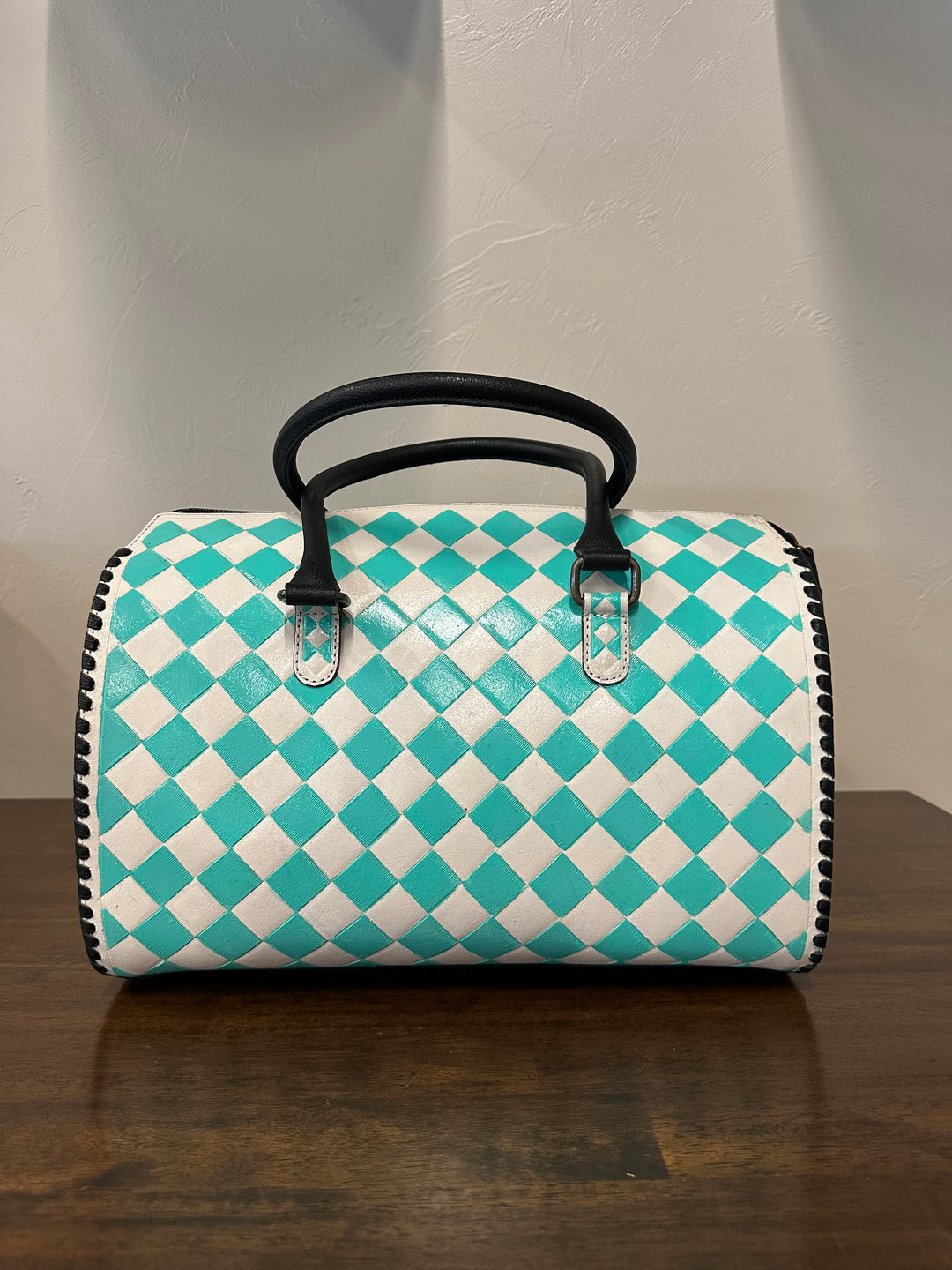 Turquoise Checkered Leather Speedy Bag- Large