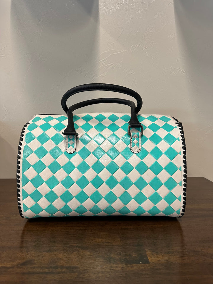 Turquoise Checkered Leather Speedy Bag- Large